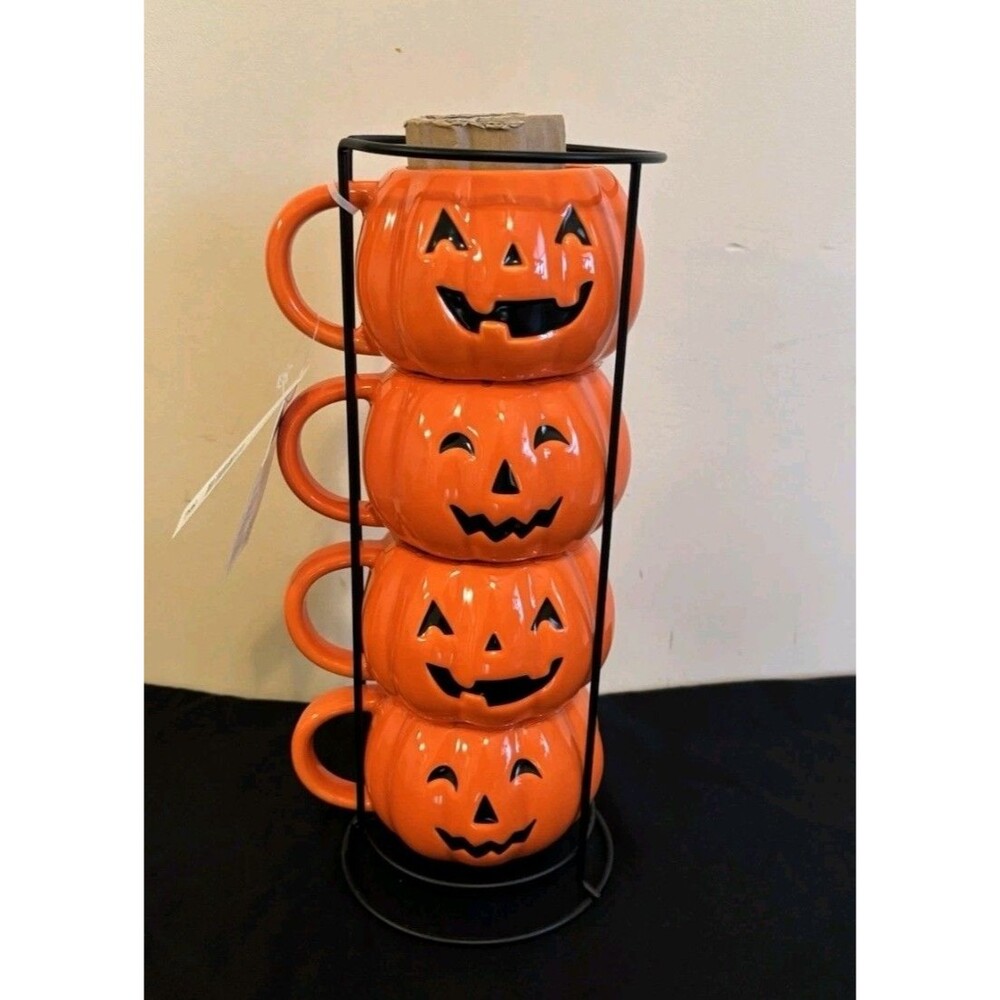 Stackable Orange Pumpkin Mug Set with Metal Stand